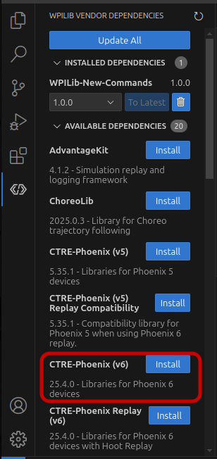Phoenix v6 vendordep in WPILIB Vendor Dependencies tab